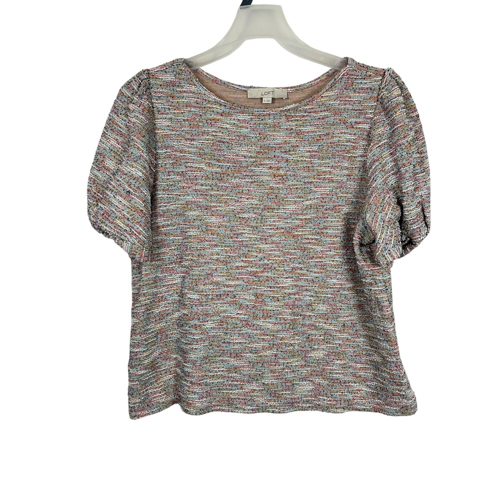 LOFT Women's Tweed Top Multicolor Puff Sleeve Knit - XL
